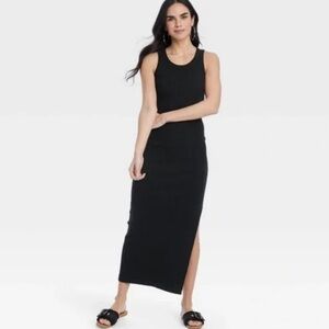 Universal Large Thread Black Rib Knit body con Maxi Dress with one side slit